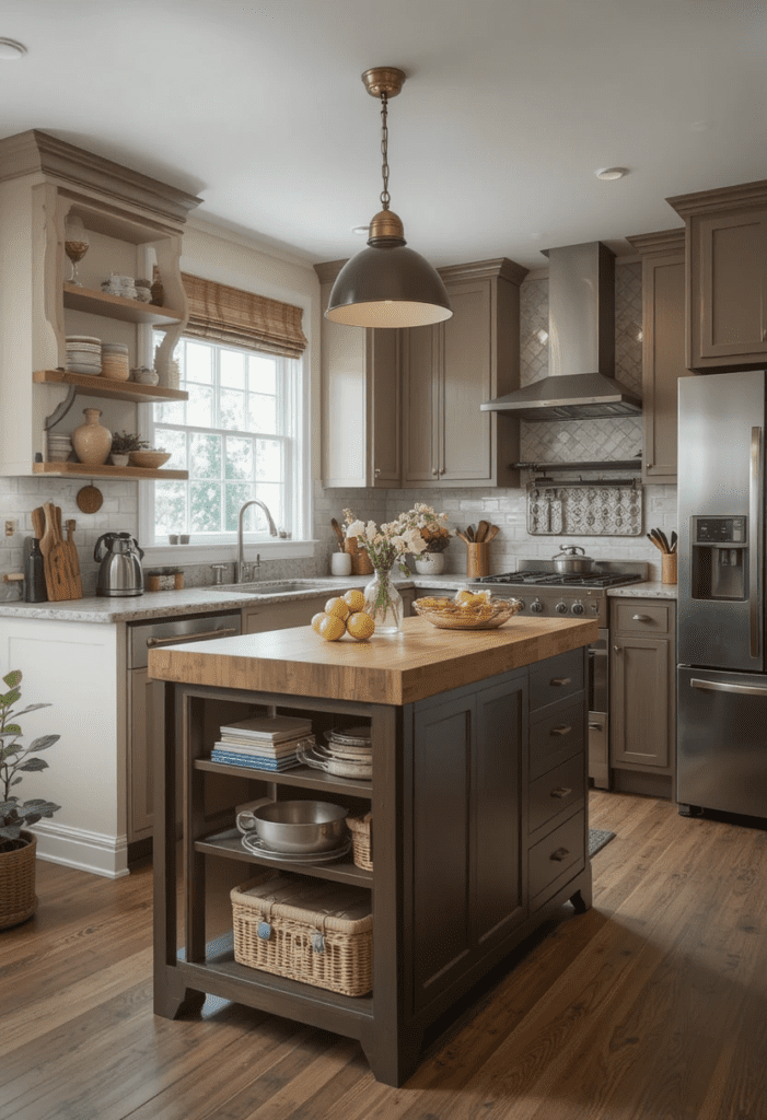 Butcher block island in a beautiful kitchen