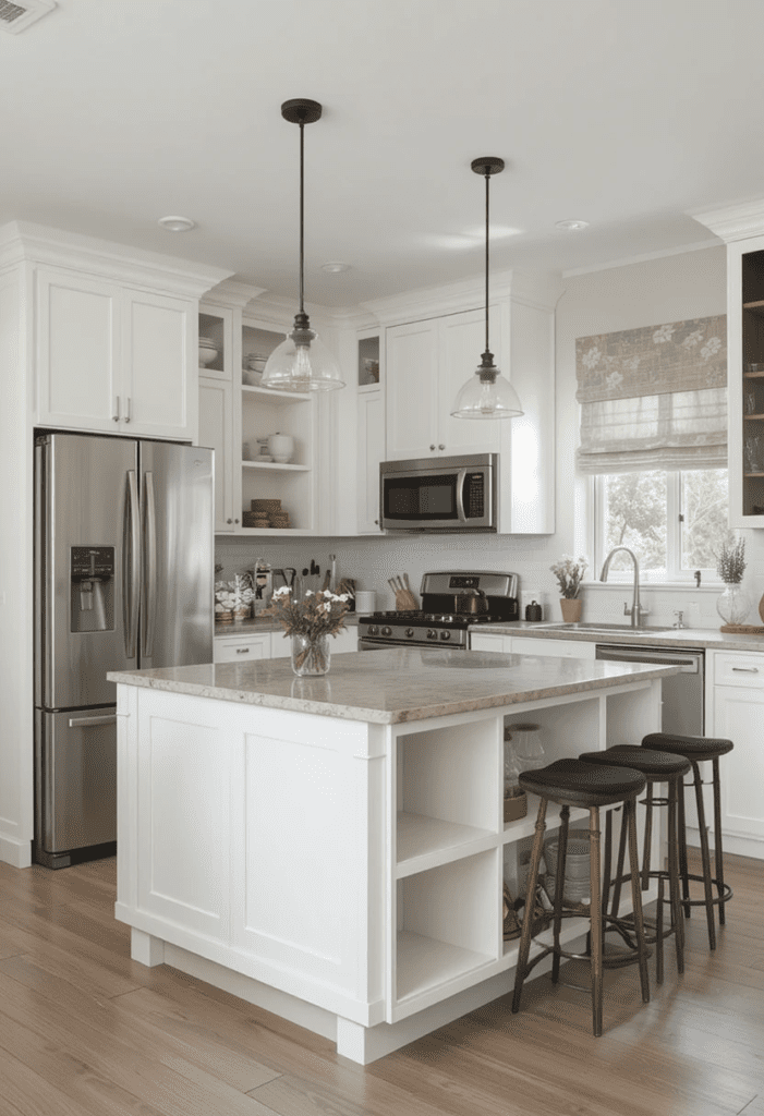 Kitchen island with open sheving