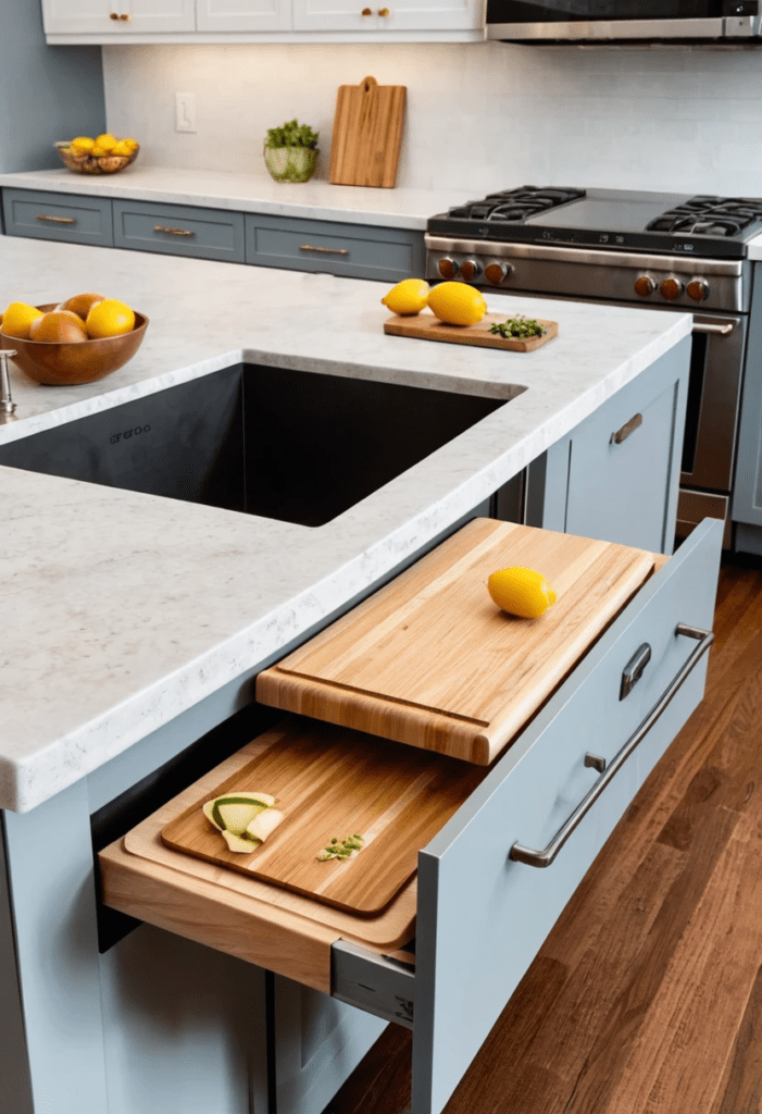 hidden cutting board in kitchen island