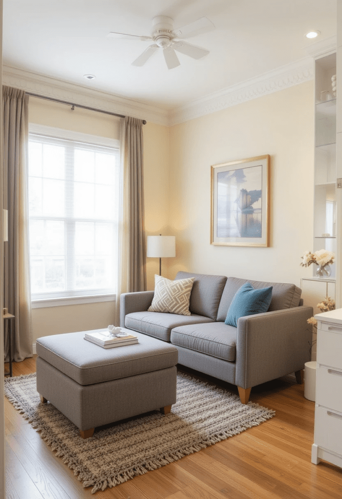 Small living room with multi-functional furniture, including a storage ottoman and a sofa bed for efficient use of space.