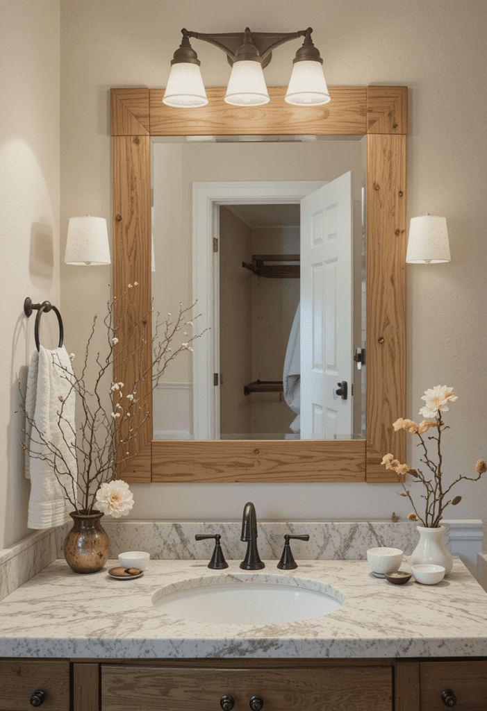 DIY bathroom mirror with a rustic wooden frame for a warm and stylish update.