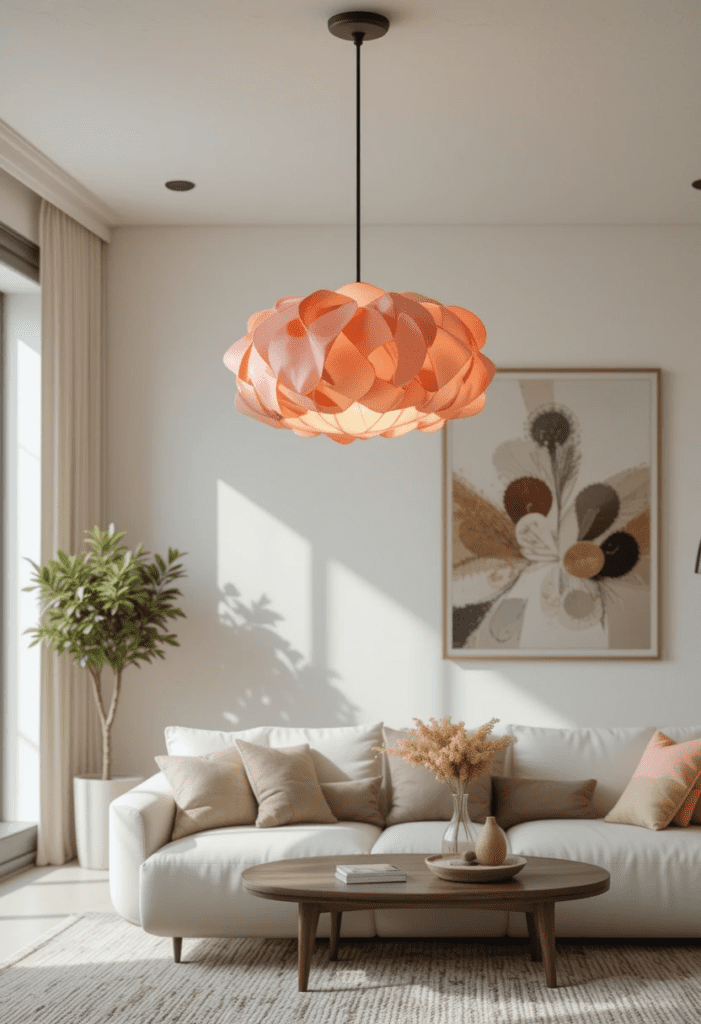 A pendant light with coral accents in a white living room, creating a soft and inviting ambiance.