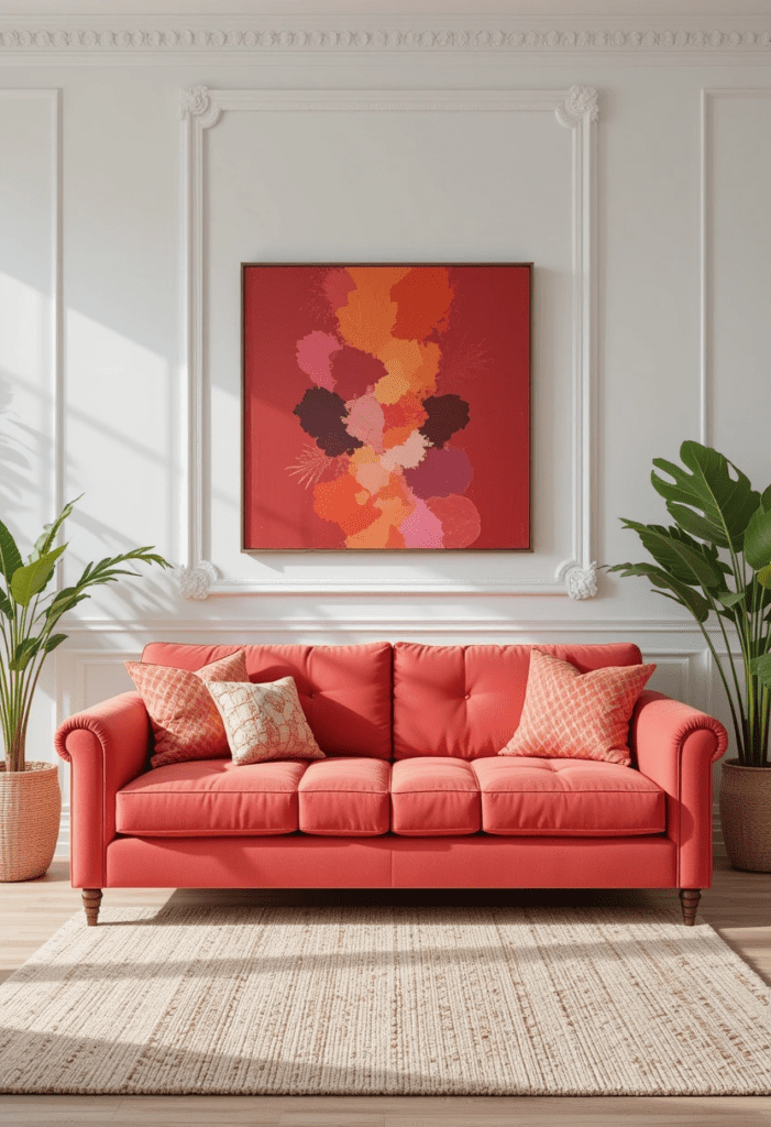 A modern living room featuring a coral sofa against white walls, creating a stylish statement.