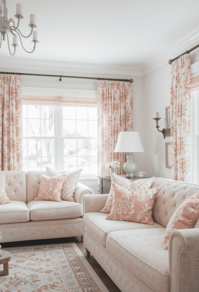 A living room with soft coral and white floral patterns on cushions and curtains, adding elegance.