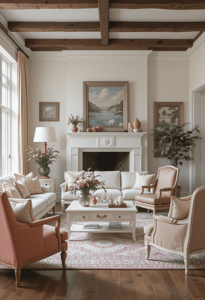 A living room with coral and white wooden furniture, creating a rustic yet modern feel.