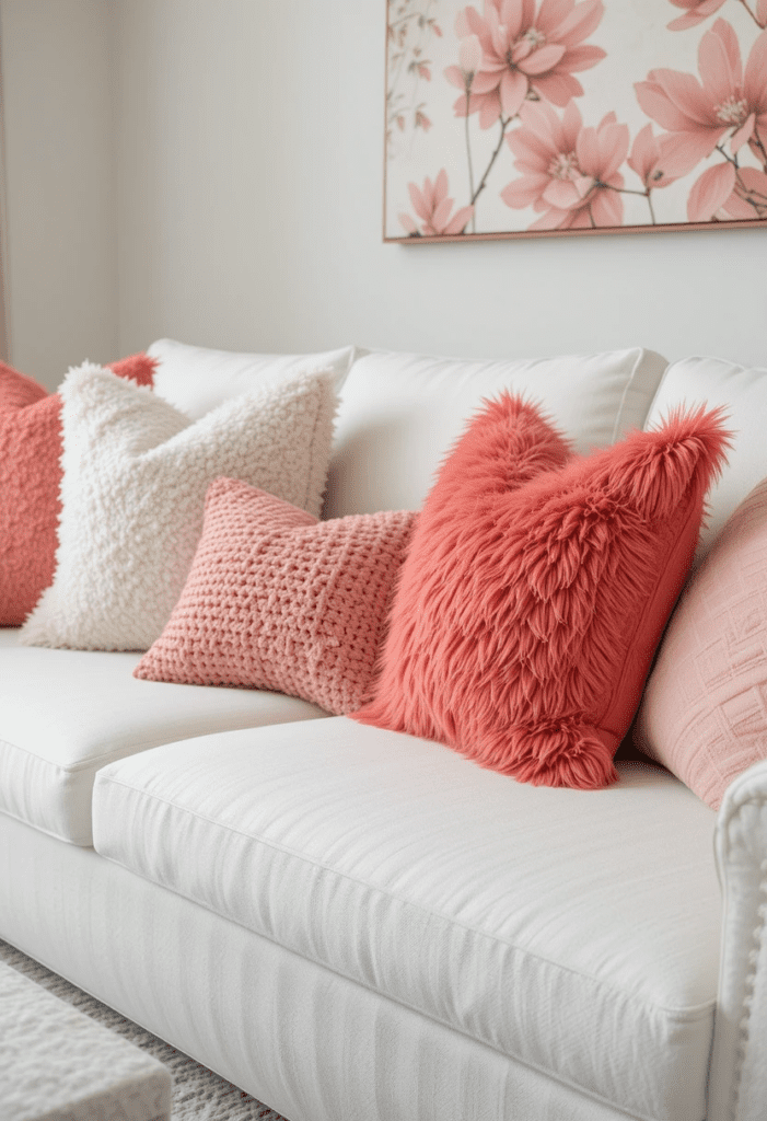 A white couch with coral throw pillows, adding a pop of color to the living room.