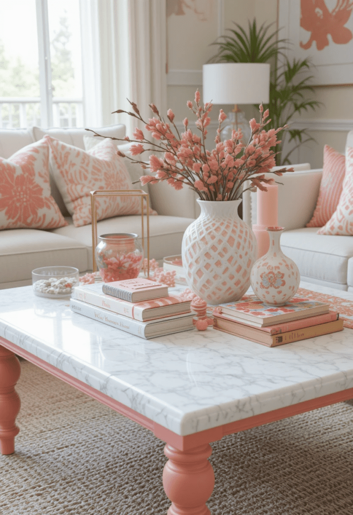 A coral and white coffee table with decorative elements, creating a stylish focal point.