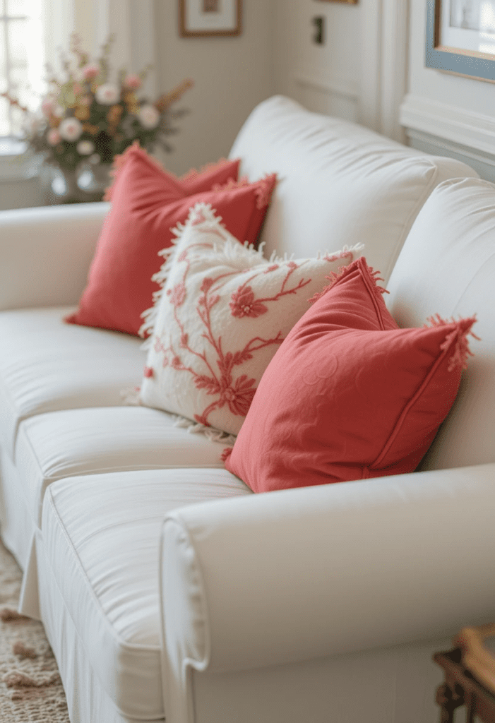 A white slipcovered couch with coral throw pillows, offering a comfortable and stylish look.