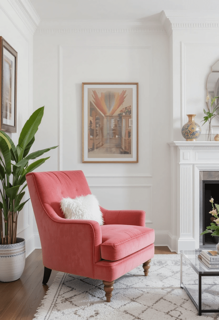 A coral accent chair in a white living room, creating a stylish contrast.