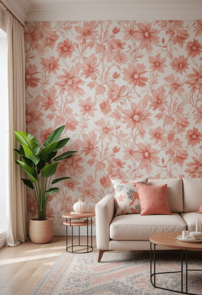 A living room with soft coral and white floral wallpaper, adding subtle elegance.