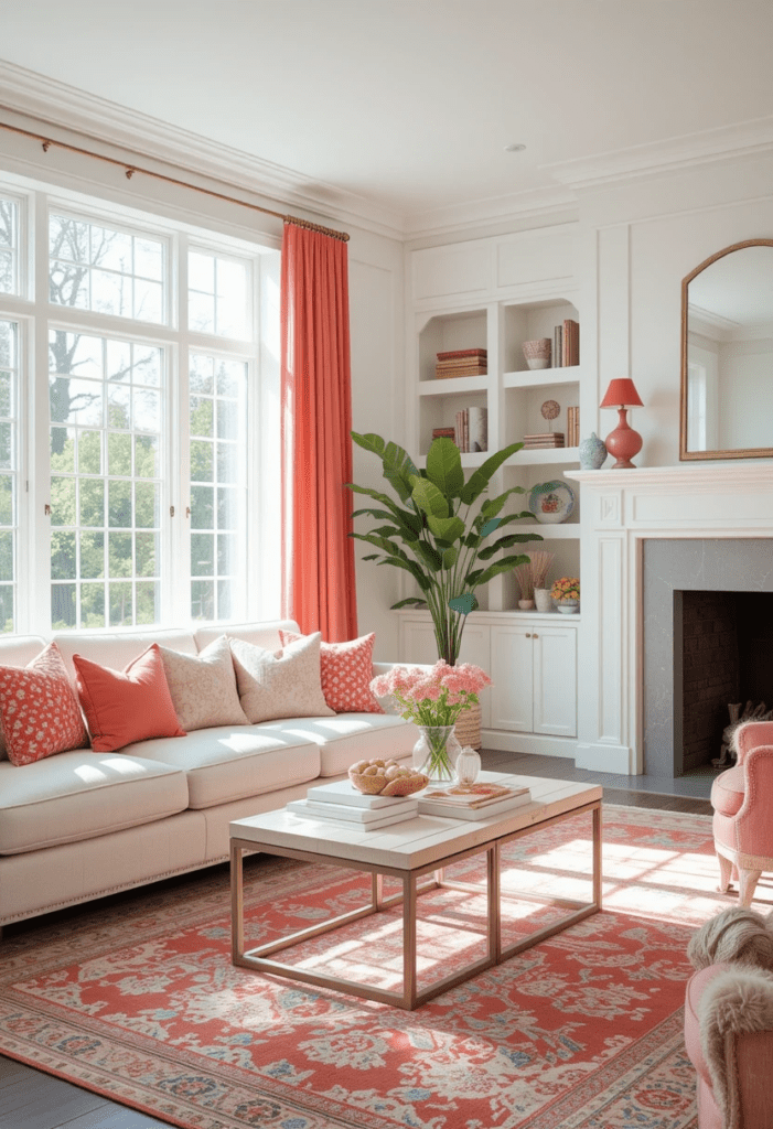 A modern living room with white walls and coral accents, including pillows, a rug, and a statement chair.