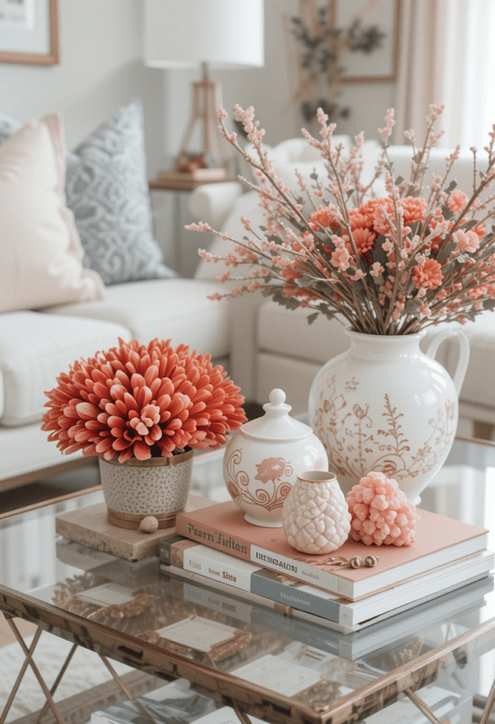 A coffee table with coral and white decor, adding a touch of elegance to the space.