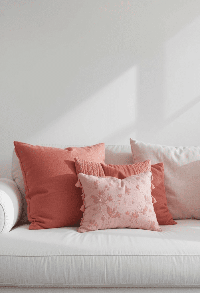 A white sofa with coral cushions, providing a pop of color and comfort.