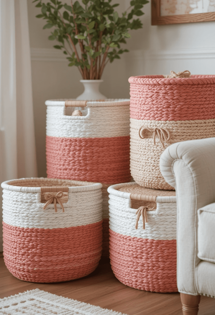 Soft coral and white storage baskets in a living room, offering stylish organization.