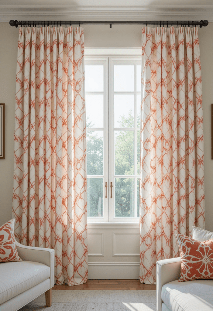 White curtains with a coral pattern, adding texture and color to the living room.