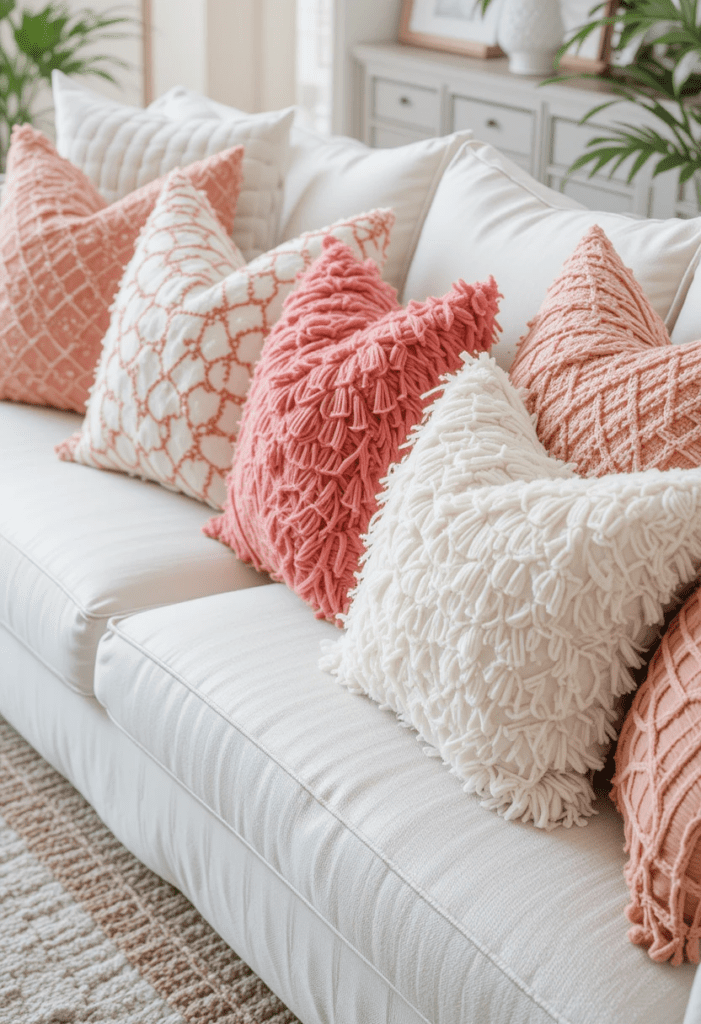 A white sofa decorated with coral and white throw pillows, creating a cozy and stylish seating area.