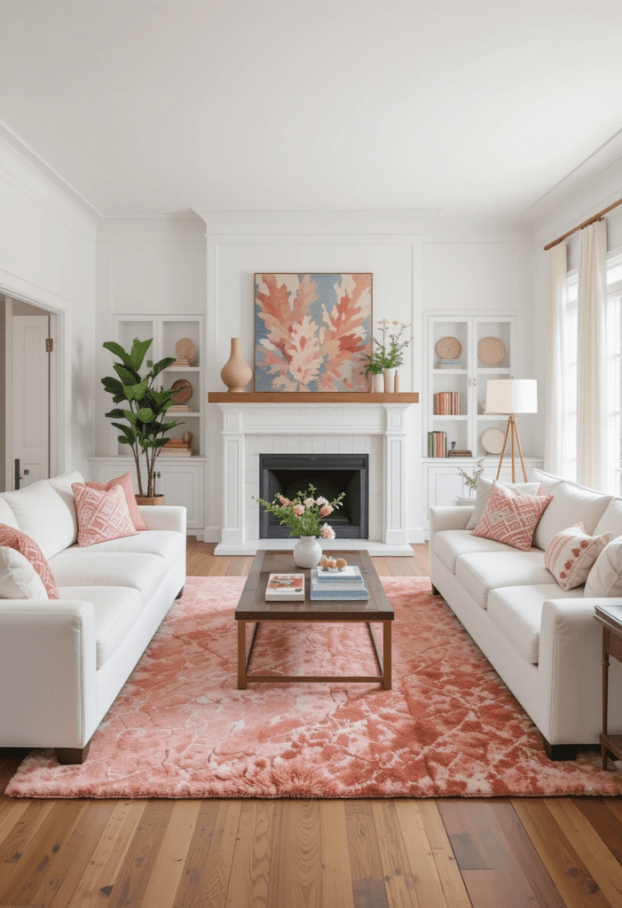 A soft coral area rug in a living room with white furniture, adding warmth and color.