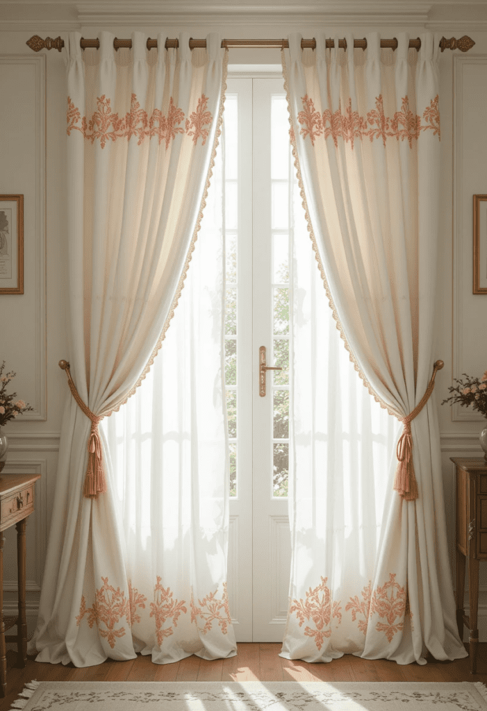 White curtains with coral details, adding a subtle touch of color to a bright living room.