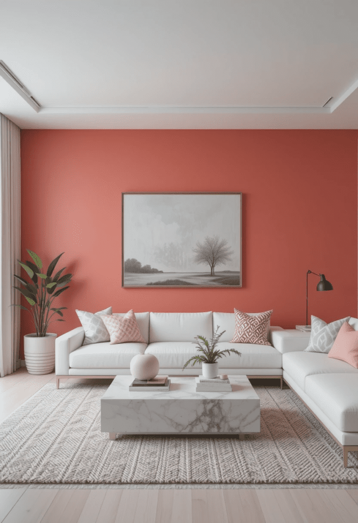 A living room with a coral accent wall and white furniture, creating a stylish contrast.