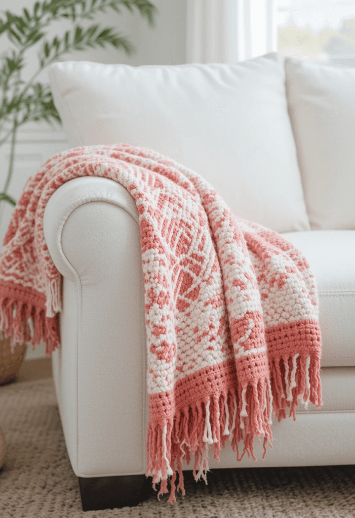 A white couch with a coral and white decorative throw, creating a cozy and inviting space.