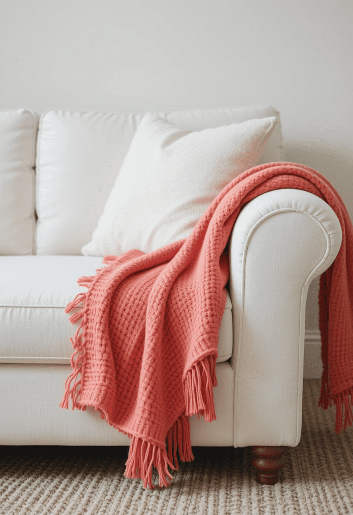 A white sofa with a coral throw blanket, adding warmth and color to the living room.