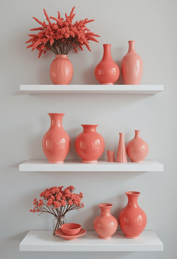 White shelves with coral decor, adding pops of color in a stylish and organized way.