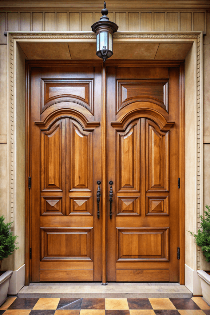 A luxurious entryway with grand double doors