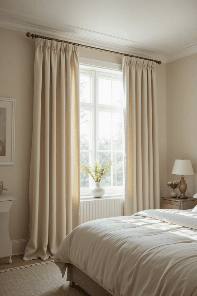 Soft neutral bedroom curtains in beige or ivory, creating a calm and sophisticated atmosphere.