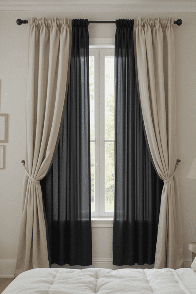 Sheer curtains layered with blackout panels for both natural light and full privacy.