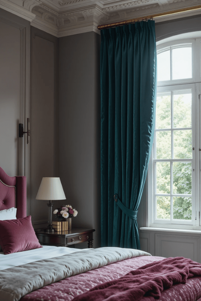 Rich velvet bedroom curtains for an elegant and cozy ambiance.