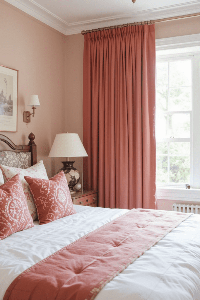 Bedroom curtains matching the bedding for a coordinated, stylish look.