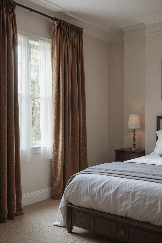 Thick velvet bedroom curtains for a soft, luxurious feel.