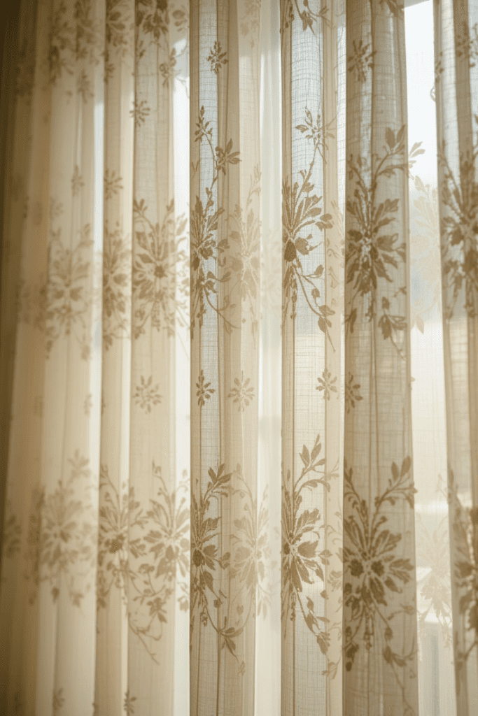 Sheer embroidered curtains adding a delicate and refined detail.