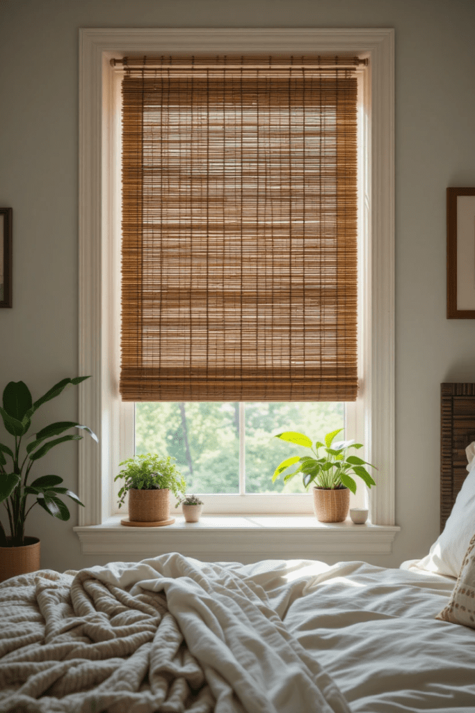 Bamboo bedroom curtains for a warm and textured aesthetic.