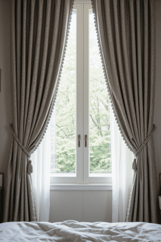 Bedroom curtains with tiebacks for a structured and polished look.