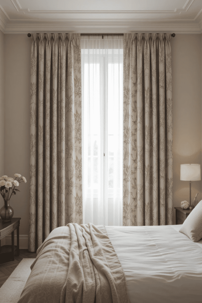 Soft patterned bedroom curtains for a refined statement look.