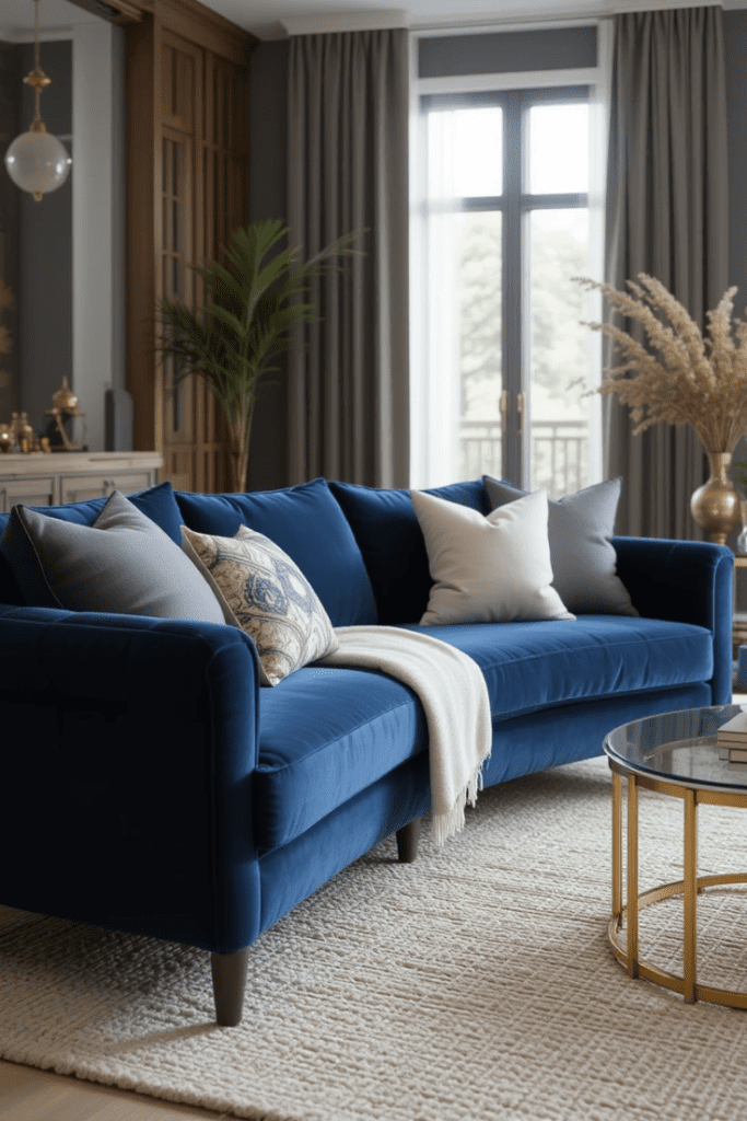 A stylish navy blue sofa in a modern living room with neutral decor and gold accents.