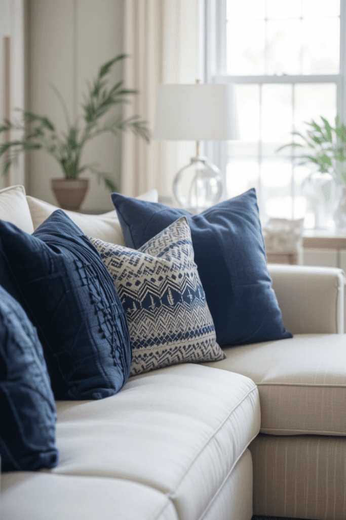 A beige sofa styled with navy blue throw pillows in different patterns for a cozy and elegant look.