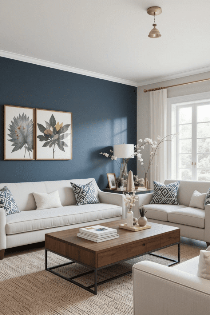 A modern living room with a navy blue accent wall paired with light furniture and warm wood tones.