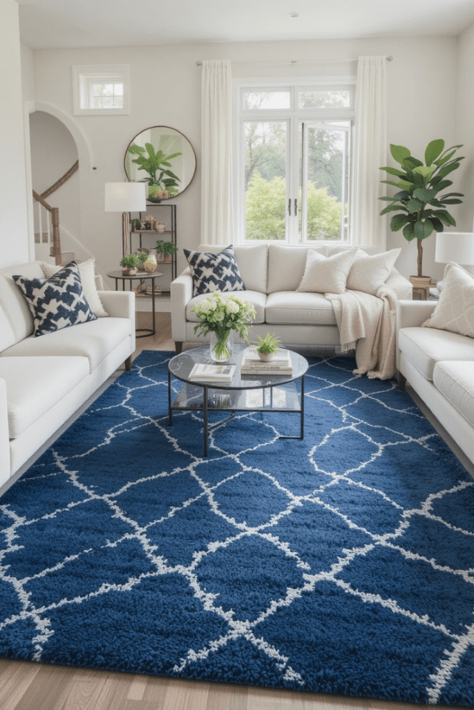 A navy blue area rug with white patterns grounding a cozy, modern living room.