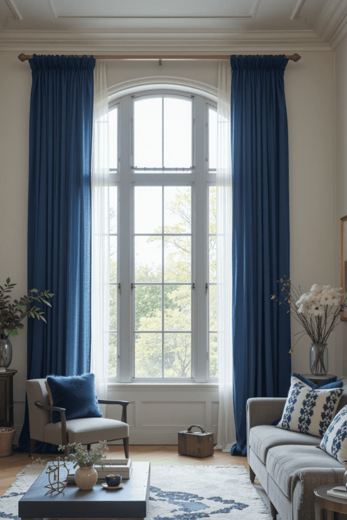 Floor-length navy blue curtains in a bright living room, adding a refined and cozy touch.