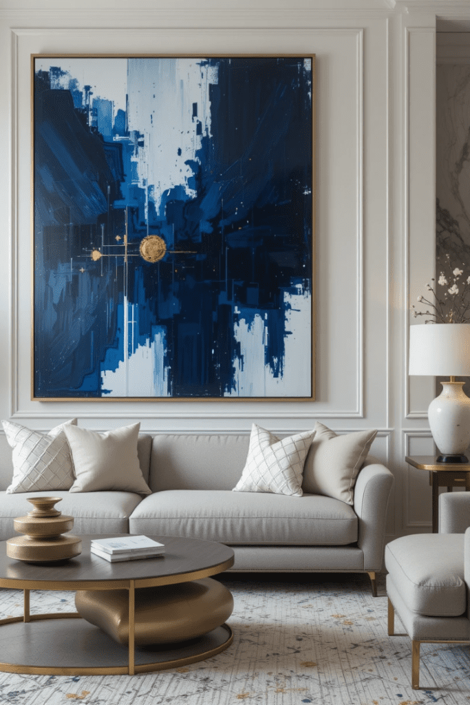 A navy blue abstract painting as a statement piece in a modern living room with neutral decor.