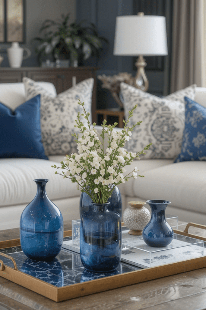 A coffee table styled with navy blue vases and books, adding subtle color to the living room.