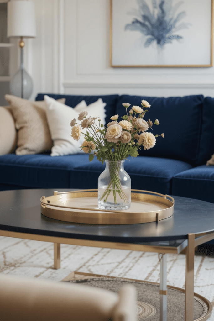 A navy blue coffee table with gold accents, adding a bold yet sophisticated touch to the space.