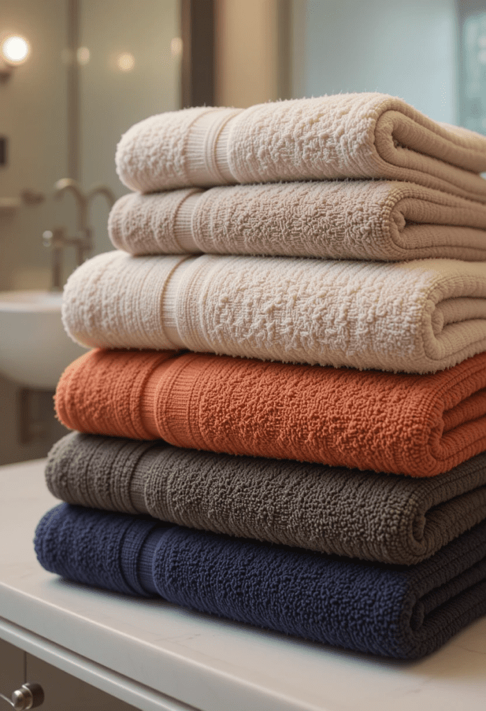 Freshly folded colorful and neutral towels placed on a bathroom counter for a stylish upgrade.