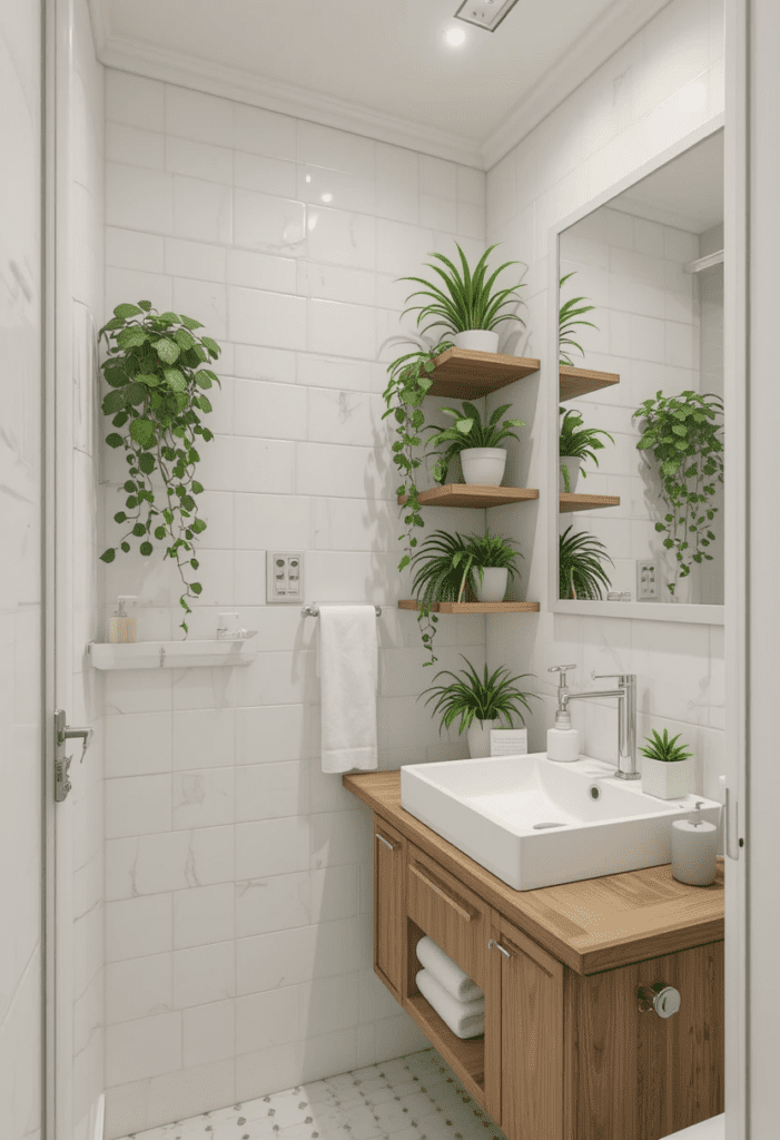 Greenery-filled bathroom with fresh plants like aloe vera and ferns for a natural touch.