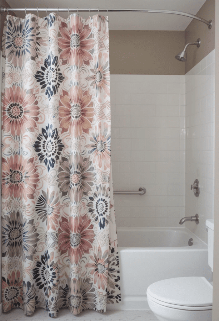 A stylish shower curtain with bold patterns transforming the look of a modern bathroom.