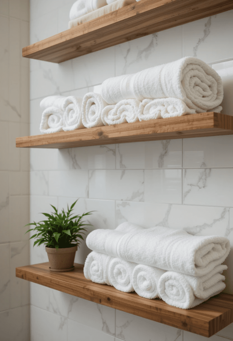 Floating wooden shelves in a bathroom.