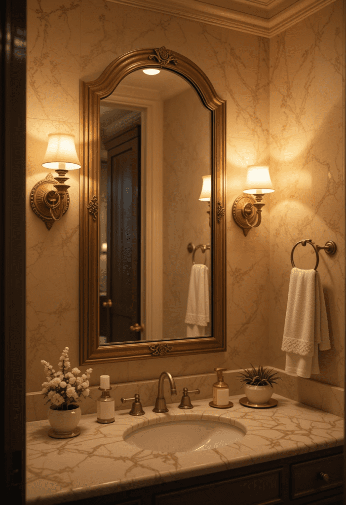 Bathroom with upgraded lighting, featuring modern wall sconces for a warm and inviting glow.