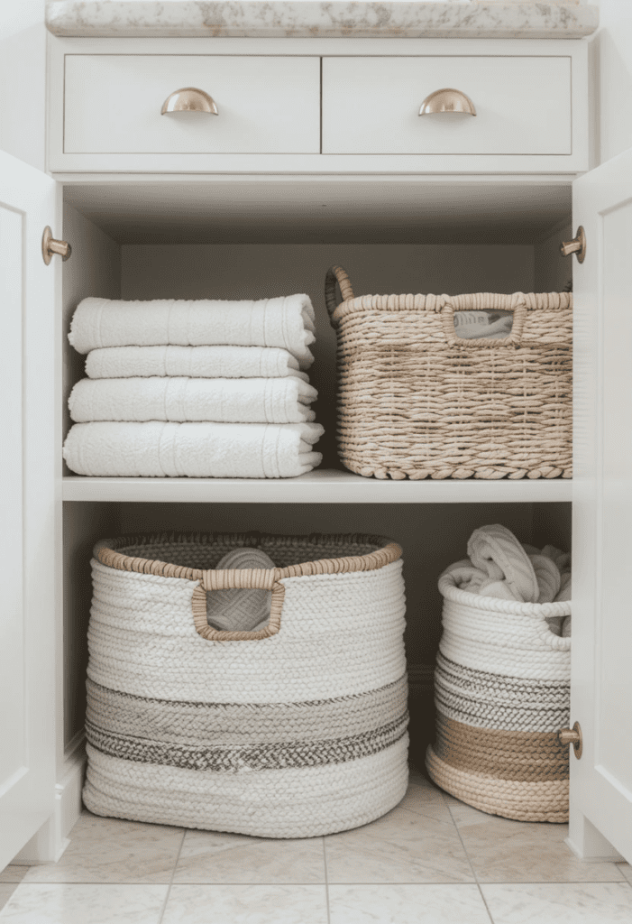 Decorative storage baskets under a vanity, keeping towels and toiletries neatly arranged.